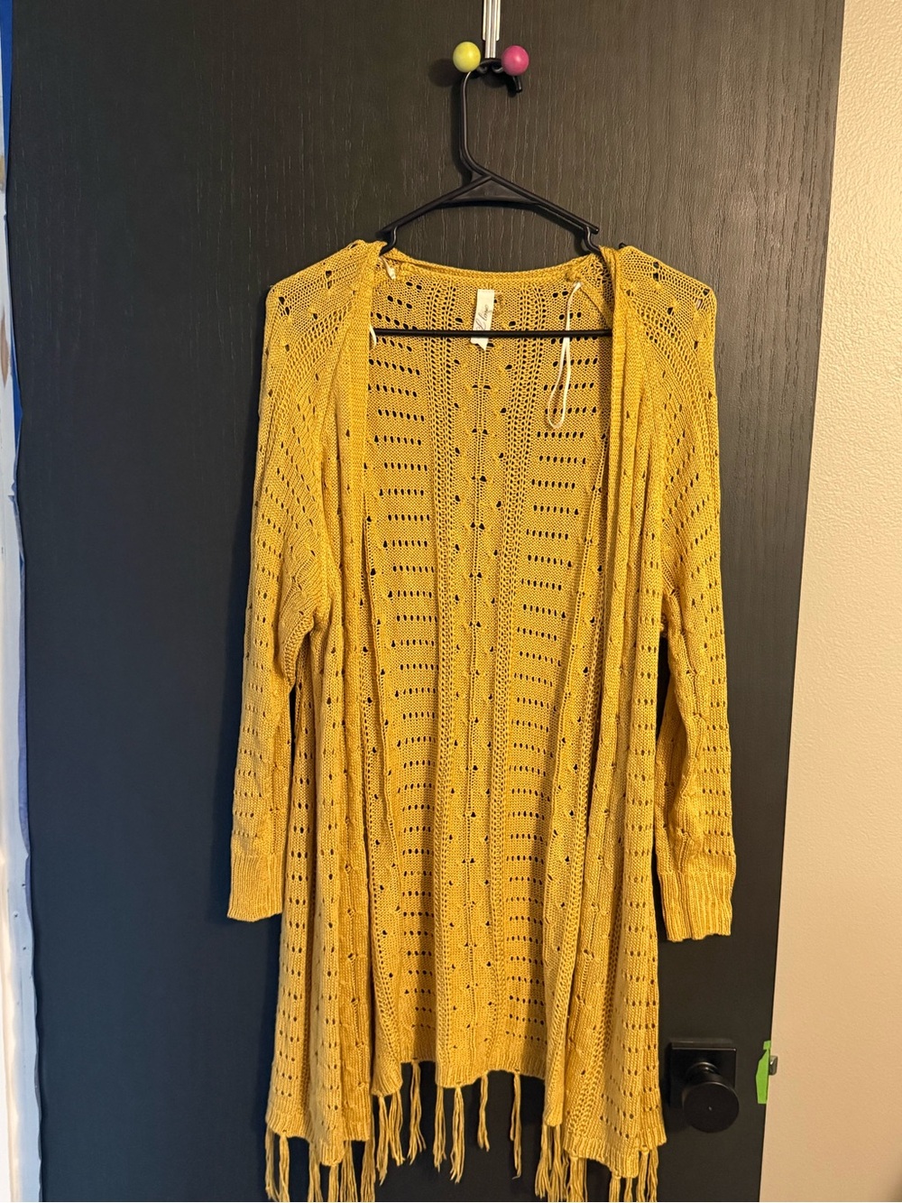 Lauriebells Boutique Mustard Yellow Open Knit Fringe Cardigan Sweater